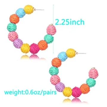 ARATLENCH Rattan Woven Dangling Earrings Handmade Straw Dangle Drop Earrings Boho Summer Beach Statement Circle Ball Hoop Earrings for Women (colorful brown rattan hoop earrings)