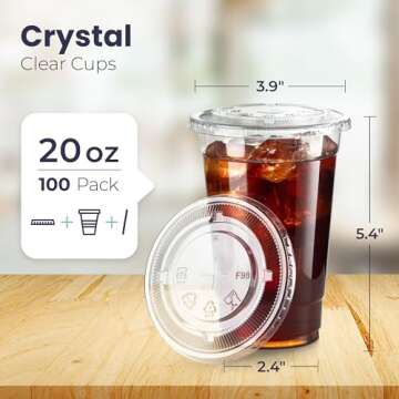 Fit Meal Prep 100 Pack 20 oz Clear Plastic Cups with Flat Lids, Disposable Iced Coffee Cups, BPA Fre...