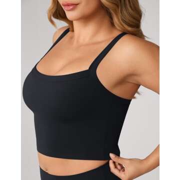 UNISSU Hugcurve Adjustable Longline Sports Bra Square Neck Workout Tank Crop Tops for Women with Built in Bra Padded Camisole Black Medium