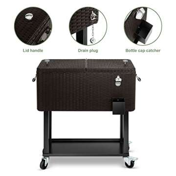 EDOSTORY 80 Quart Rattan Rolling Ice Chest Cooler Cart,Patio Backyard Party Drink Beverage Bar Stand Up Cooler Trolley with Ice Scoop