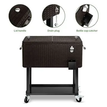 EDOSTORY 80 Quart Rattan Rolling Ice Chest Cooler Cart,Patio Backyard Party Drink Beverage Bar Stand Up Cooler Trolley with Ice Scoop