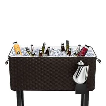 EDOSTORY 80 Quart Rattan Rolling Ice Chest Cooler Cart,Patio Backyard Party Drink Beverage Bar Stand Up Cooler Trolley with Ice Scoop