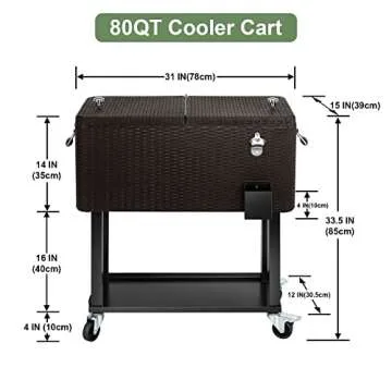 EDOSTORY 80 Quart Rattan Rolling Ice Chest Cooler Cart,Patio Backyard Party Drink Beverage Bar Stand Up Cooler Trolley with Ice Scoop