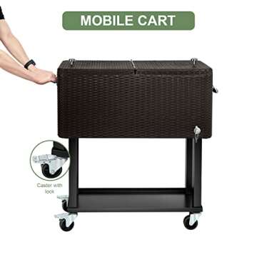 EDOSTORY 80 Quart Rattan Rolling Ice Chest Cooler Cart,Patio Backyard Party Drink Beverage Bar Stand Up Cooler Trolley with Ice Scoop