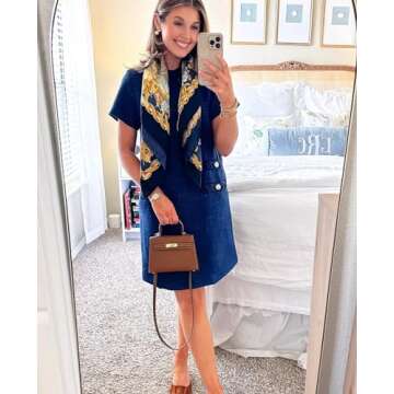 Yioaga Womens Tweed Jackie Dress Elegant Crew Neck Short Sleeve Button Bodycon Mini Dress(Navy,M)