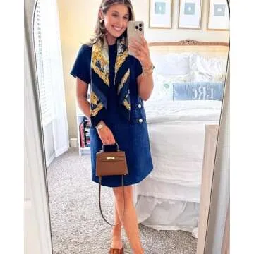 Yioaga Womens Tweed Jackie Dress Elegant Crew Neck Short Sleeve Button Bodycon Mini Dress(Navy,M)