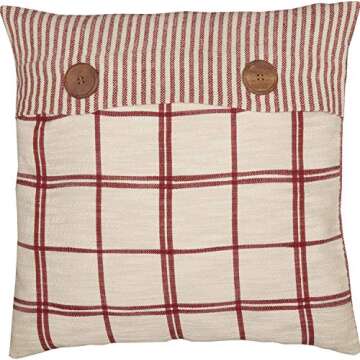 Piper Classics Red Double Windowpane Throw Pillow Cover, 20" x 20", Rustic Farmhouse, Country, Natural Cream & Cranberry Red Woven Décor Accent w/Ticking Stripes & Buttons