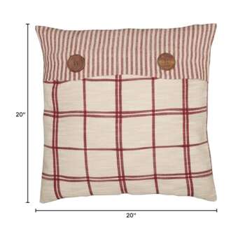 Piper Classics Red Double Windowpane Throw Pillow Cover, 20" x 20", Rustic Farmhouse, Country, Natural Cream & Cranberry Red Woven Décor Accent w/Ticking Stripes & Buttons