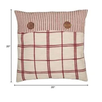 Piper Classics Red Double Windowpane Throw Pillow Cover, 20" x 20", Rustic Farmhouse, Country, Natural Cream & Cranberry Red Woven Décor Accent w/Ticking Stripes & Buttons