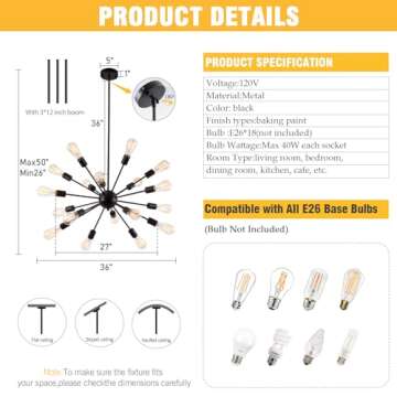 Sputnik Chandeliers Black, Modern 18-Light Farmhouse Pendant Light Mid Century Starburst Lighting Vintage Industrial Ceiling Hanging for Living Dining Room, Bedroom, Kitchen Island, Foyer, Hallway