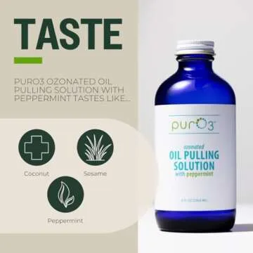PurO3 Ozonated Oil Pulling Solution - Organic, Ozonated Coconut Oil Pulling for Teeth and Gums - Ozone Infused Oil Pulling Solution - Non-Toxic Teeth & Gum Pulling Oil with Peppermint, 8 oz