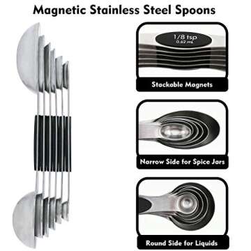 PLERISE Kitchen suit Stainless Steel Measuring Cups and Magnetic Measuring Spoons Set, Premium 11 Piece Set, 5 Measuring Cups & 6 Double Sided Stackable Magnetic Measuring Spoons