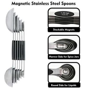 PLERISE Kitchen suit Stainless Steel Measuring Cups and Magnetic Measuring Spoons Set, Premium 11 Piece Set, 5 Measuring Cups & 6 Double Sided Stackable Magnetic Measuring Spoons