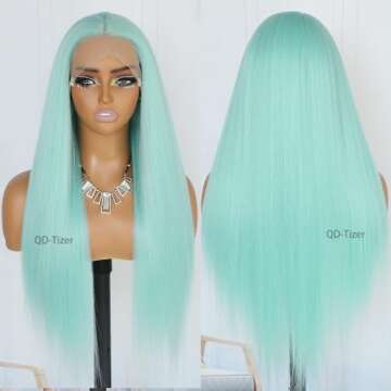 QD-Tizer Light Green Hair Color Synthetic Lace Front Wig 13x4 HD Glueless Long Wig for Fashion Women Green Long Straight Hair Wig Heat Resistant Fiber Hair Wig