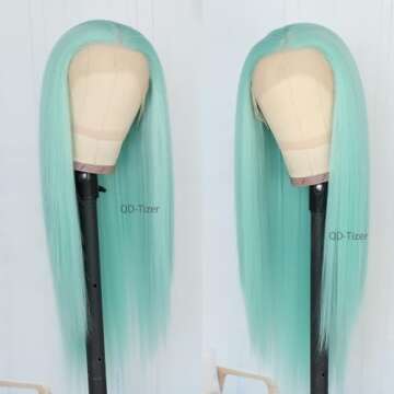 QD-Tizer Light Green Hair Color Synthetic Lace Front Wig 13x4 HD Glueless Long Wig for Fashion Women Green Long Straight Hair Wig Heat Resistant Fiber Hair Wig