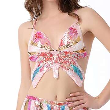 Mocure Women's Sparkly Butterfly Sequin Crop Top - Sexy Sleeveless Halter Rave Vest for Belly Dance Outfits