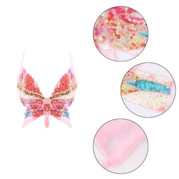 Mocure Women's Sparkly Butterfly Sequin Crop Top - Sexy Sleeveless Halter Rave Vest for Belly Dance Outfits