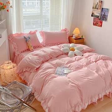 MOOWOO Pink Lace Duvet Cover Set - Cozy & Chic Bedding
