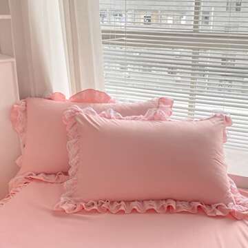 MOOWOO Pink Lace Duvet Cover Set - Cozy & Chic Bedding