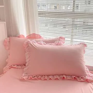 MOOWOO Pink Lace Duvet Cover Set - Cozy & Chic Bedding