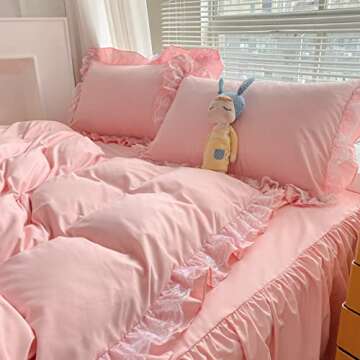 MOOWOO Pink Lace Duvet Cover Set - Cozy & Chic Bedding