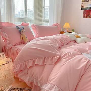 MOOWOO Pink Lace Duvet Cover Set - Cozy & Chic Bedding