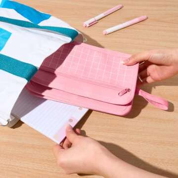 Sooez Large Pencil Case, Big Capacity Pencil Pouch Pen Bag with 3 Compartment, Portable Canvas Stationery Organizer with Zipper, Cute Aesthetic School Supplies for Teen Girls, Celadon with Plaid