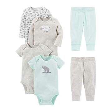 Simple Joys by Carter's Baby Infant 6-Piece Bodysuits (Short and Long Sleeve) and Pants Set, Grey/Mint Green/Elephant/Lamb, 6-9 Months