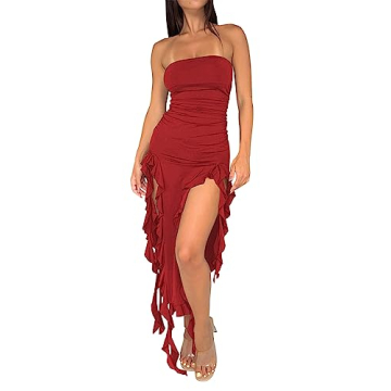 Balimtoy Women's Strapless Ruffle Bodycon Midi Dress - Perfect for Summer Parties and Special Occasi...