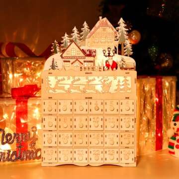 Topnew Wooden LED Christmas Sleigh Advent Calendar, 24 Opening Drawers Countdown to Traditional Wood...