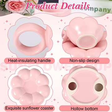 Christmas Ceramic Coffee Mug with Sunflower Coaster Coffee Spoons 7 oz Cute Mugs Creative Coffee Milk Tea Mug Home Office Reusable Novelty Coffee Mugs for Kitchen Table Tea Milk (Pink, 1 Set)