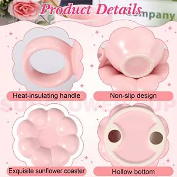 Christmas Ceramic Coffee Mug with Sunflower Coaster Coffee Spoons 7 oz Cute Mugs Creative Coffee Milk Tea Mug Home Office Reusable Novelty Coffee Mugs for Kitchen Table Tea Milk (Pink, 1 Set)