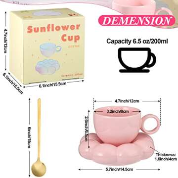 Christmas Ceramic Coffee Mug with Sunflower Coaster Coffee Spoons 7 oz Cute Mugs Creative Coffee Milk Tea Mug Home Office Reusable Novelty Coffee Mugs for Kitchen Table Tea Milk (Pink, 1 Set)