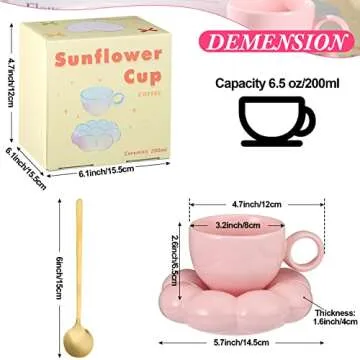 Christmas Ceramic Coffee Mug with Sunflower Coaster Coffee Spoons 7 oz Cute Mugs Creative Coffee Milk Tea Mug Home Office Reusable Novelty Coffee Mugs for Kitchen Table Tea Milk (Pink, 1 Set)