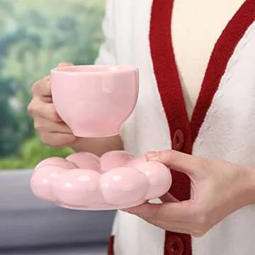 Christmas Ceramic Coffee Mug with Sunflower Coaster Coffee Spoons 7 oz Cute Mugs Creative Coffee Milk Tea Mug Home Office Reusable Novelty Coffee Mugs for Kitchen Table Tea Milk (Pink, 1 Set)