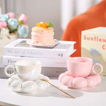 Christmas Ceramic Coffee Mug with Sunflower Coaster Coffee Spoons 7 oz Cute Mugs Creative Coffee Milk Tea Mug Home Office Reusable Novelty Coffee Mugs for Kitchen Table Tea Milk (Pink, 1 Set)