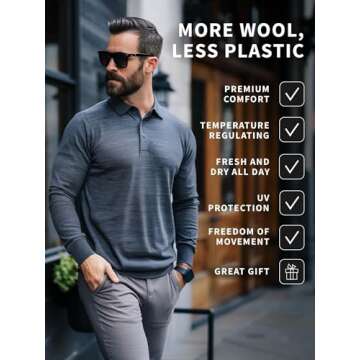 Merino Wool Polo Shirt Men - Anti-Odor 100% Merino Wool Shirts for Men Short Sleeve and Long Sleeve Breathable Polo (Large, Long Sleeve Black)