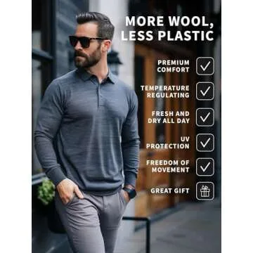 Merino Wool Polo Shirt Men - Anti-Odor 100% Merino Wool Shirts for Men Short Sleeve and Long Sleeve Breathable Polo (Large, Long Sleeve Black)