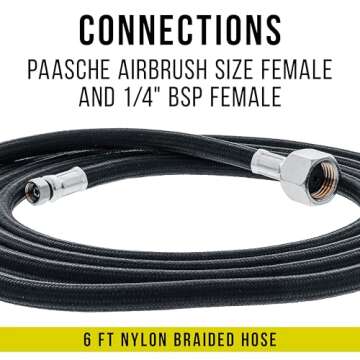 Master Airbrush 6' Braided Airbrush Hose for Paasche & 1/4" Standard Fittings