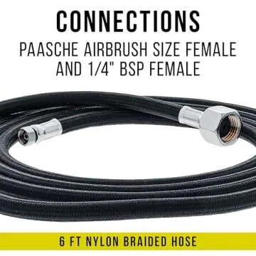 Master Airbrush 6' Braided Airbrush Hose for Paasche & 1/4" Standard Fittings