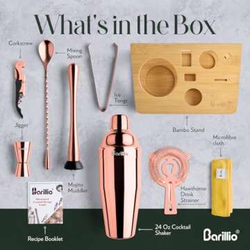 Barillio Rose Gold Bartender Kit - Stainless-Steel Cocktail Shaker Set w/Bamboo Stand - Mixology Bar...