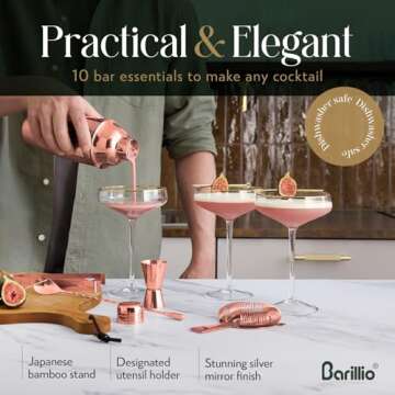 Barillio Rose Gold Bartender Kit - Stainless-Steel Cocktail Shaker Set w/Bamboo Stand - Mixology Bar Tools w/Shaker, Drink Mixer Spoon & Muddler for Cocktails - Home Bar Accessories - 10-Pc Bar Set