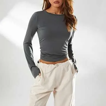 Franhais Women's Casual Basic Crop Tops Slim Fit Long Sleeve Crew Neck Solid Color Fall Pullover Shirts Tight Tee (Gray, S)