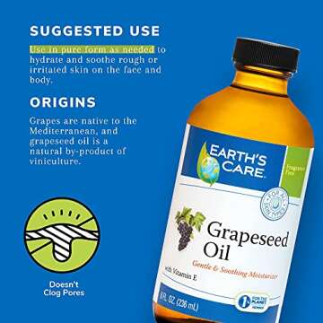 Earth’s Care Grapeseed Oil - Natural Expeller Pressed Grapeseed Oil for Skin and Hair - Lightweight Body Oil for Dry Skin 8 FL. OZ.