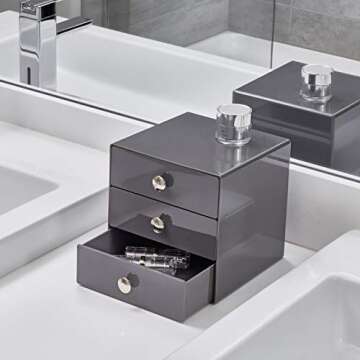 iDesign - 35369 Plastic 3-Drawer Jewelry Box, Compact Storage Organization Drawers Set for Cosmetics, Dental Supplies, Hair Care, Bathroom, Office, Dorm, D esk, Co un tertop, 6.5" x 6.5" x 6.5", Slate Gray