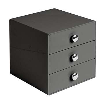 iDesign - 35369 Plastic 3-Drawer Jewelry Box, Compact Storage Organization Drawers Set for Cosmetics, Dental Supplies, Hair Care, Bathroom, Office, Dorm, D esk, Co un tertop, 6.5" x 6.5" x 6.5", Slate Gray