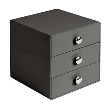 iDesign - 35369 Plastic 3-Drawer Jewelry Box, Compact Storage Organization Drawers Set for Cosmetics, Dental Supplies, Hair Care, Bathroom, Office, Dorm, D esk, Co un tertop, 6.5" x 6.5" x 6.5", Slate Gray