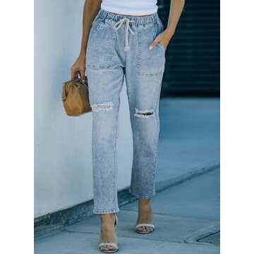 Sidefeel Women's Cargo Jeans Ripped Denim Joggers Elastic Drawstring Waist Trouser Pull On Pants Sky Blue Size 6