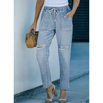 Sidefeel Women's Cargo Jeans Ripped Denim Joggers Elastic Drawstring Waist Trouser Pull On Pants Sky Blue Size 6