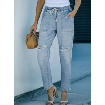 Sidefeel Women's Cargo Jeans Ripped Denim Joggers Elastic Drawstring Waist Trouser Pull On Pants Sky Blue Size 6